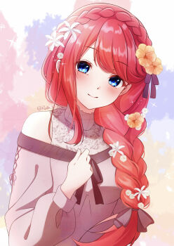 1girl bare_shoulders blue_eyes blush bow braid closed_mouth clothing_cutout crown_braid flower hair_bow hair_flower hair_ornament hair_over_shoulder hair_ribbon hand_up highres long_hair long_sleeves looking_at_viewer off_shoulder official_alternate_costume official_alternate_hairstyle orange_flower puffy_sleeves rain_re_a re:zero_kara_hajimeru_isekai_seikatsu red_hair ribbon shirt shoulder_cutout single_braid smile solo sparkle swept_bangs theresia_van_astrea upper_body white_flower yellow_flower