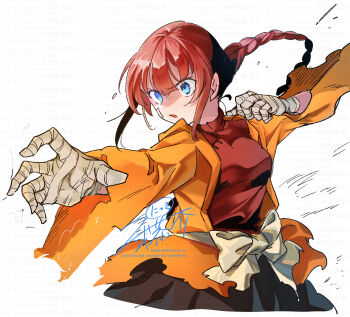 Rule 34 | 1girl, absurdres, bandage on face, bandaged hand, bandages, blue eyes, braid, breasts, commentary request, etrian odyssey, hand wraps, highres, imminent punch, long hair, medium breasts, monk (sekaiju), monk 4 (sekaiju), nikki kyousuke, red hair, sekaiju no meikyuu, sekaiju no meikyuu 3, single braid, solo