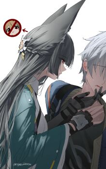 1boy 2girls absurdres animal_ear_fluff animal_ears aqua_jacket arm_out_of_sleeve arrow_(symbol) black_gloves black_hair black_shirt blue_jacket blunt_bangs cryne fingerless_gloves fox_ears fox_girl from_side gauntlets gloves grey_hair hand_on_another&#039;s_face highres hoshimi_miyabi jacket long_hair looking_at_another multiple_girls no_eyes red_eyes shirt short_hair simple_background single_fingerless_glove single_gauntlet sweat twitter_username upper_body white_background wise_(zenless_zone_zero) ye_shunguang zenless_zone_zero