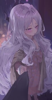 Rule 34 | 1girl, absurdres, black halo, black horns, blue archive, cardigan, cardigan on shoulders, demon girl, demon horns, grey hair, hair between eyes, halo, highres, hina (blue archive), hina (pajamas) (blue archive), horns, long hair, long sleeves, multiple horns, nekoplanetouo, official alternate costume, open cardigan, open clothes, pajamas, pink pajamas, polka dot, polka dot pajamas, pov, purple eyes, solo focus, very long hair, yellow cardigan