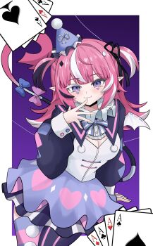 :3 absurdres ace_(playing_card) ace_of_clubs ace_of_diamonds ace_of_hearts ace_of_spades black_hair black_ribbon blue_bow blue_skirt blush bow breasts camila_(cami_3.0)_(vtuber) camila_(vtuber) card cleavage closed_mouth club_(shape) collar colored_eyelashes commentary diamond-shaped_pupils diamond_(shape) diamond_hair_ornament english_commentary eyelashes facial_mark frilled_collar frills hair_ribbon hat hat_ribbon heart heart_print highres indie_virtual_youtuber kimurasenpai long_hair long_sleeves mismatched_eyelashes mismatched_thighhighs mixed-language_commentary multicolored_hair party_hat pink_bow pink_hair playing_card purple_eyes purple_hat ribbon skirt smile spade_(shape) spanish_commentary streaked_hair striped_bow symbol-shaped_pupils tail tail_bow tail_ornament triangle triangle_facial_mark two_side_up virtual_youtuber white_hair white_ribbon