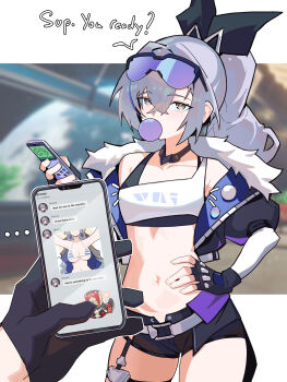 1girl black_gloves black_jacket black_shorts blowing_bubble_gum breasts bronya_rand cellphone chewing_gum commentary contrapposto cropped_jacket distr drill_hair drill_ponytail english_commentary eyewear_on_head fingerless_gloves game_screenshot_background gloves goggles goggles_on_head grey_eyes grey_hair hand_on_own_hip highres holding holding_phone honkai:_star_rail honkai_(series) jacket large_breasts midriff navel open_clothes open_jacket phone ponytail purple-tinted_eyewear screenshot_background shorts silver_wolf_(honkai:_star_rail) single_drill small_breasts smartphone solo_focus tinted_eyewear