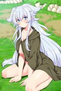 1girl blue_eyes blurry blurry_background breasts closed_mouth collarbone commentary english_commentary fenrys grey_hair hair_between_eyes hair_flaps highres hood hood_down hooded_robe large_breasts lindaroze long_hair looking_at_viewer lv2_kara_cheat_datta_moto_yuusha_kouho_no_mattari_isekai_life naked_robe on_ground open_clothes open_robe outdoors paid_reward_available pointy_ears robe sidelocks sitting solo spread_legs thighs twitter_username very_long_hair watermark web_address