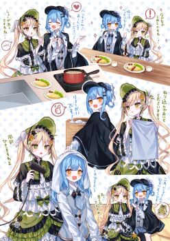 2girls basket black_capelet black_hat blonde_hair blue_hair braid braided_hair_rings capelet chopsticks cooking cooking_pot cup deerstalker drying drying_another&#039;s_hair drying_hair eating flower food green_bonnet green_eyes hair_down hair_dryer hair_rings hat highres holding holding_basket holding_hair_dryer holding_phone laundry_basket lolita_fashion long_hair long_sleeves looking_at_another mahou_shoujo_no_majo_saiban multiple_girls multiple_views omelet omurice open_mouth phone plate rose short_hair sitting smile standing stove sugisaki_yuu table tachibana_sherry tono_hanna towel towel_on_head twintails very_long_hair wet wet_hair yellow_eyes yellow_flower yellow_rose