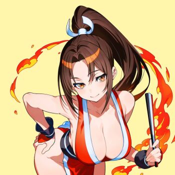 Rule 34 | 1girl, bent over, breasts, brown eyes, brown hair, cleavage, closed mouth, commentary request, eyelashes, fatal fury, fire, hair intakes, hair ribbon, hand fan, hand on own hip, holding, holding fan, japanese clothes, large breasts, long hair, looking at viewer, pelvic curtain, ponytail, revealing clothes, ribbon, shiranui mai, simple background, smile, solo, the king of fighters, white ribbon, yellow background, ziye233xyz