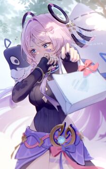 Rule 34 | 1girl, bag, blue eyes, citlali (genshin impact), citlalin (genshin impact), commentary request, facial mark, floating headgear, forehead mark, genshin impact, headgear, heattech leotard, highres, holding, holding bag, imasaki kei, itzpapa (genshin impact), leotard, long hair, pink hair, pink pupils, purple sarong, ribbed leotard, ring hair ornament, sarong, solo, triangle, triangle facial mark, turtleneck