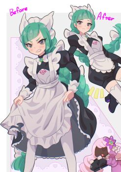 2girls apron before_and_after black_dress black_romper blunt_bangs blush bow bowtie braid braided_ponytail closed_mouth commentary_request dark-skinned_female dark_skin dress fascinator frills gloves green_hair grey_eyes hair_ornament jacinthe_(pokemon) juliet_sleeves lebanne_(pokemon) long_braid long_hair long_sleeves looking_at_viewer maid maid_apron maid_headdress master_and_servant mega_stone mizuiro123 multiple_girls nintendo open_mouth pokemon pokemon_legends:_z-a puffy_sleeves purple_dress purple_hair revision romper smile teeth thighhighs tsurime very_dark_skin white_apron white_bow white_bowtie white_gloves white_headdress white_thighhighs