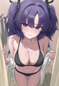 1girl absurdres bare_shoulders bikini black_bikini black_halo blue_archive blue_eyes blue_hair blush breasts cleavage closed_mouth collarbone commentary doorway fitting_room foreshortening hair_intakes hair_ornament halo halterneck highres large_breasts long_hair looking_at_viewer off_shoulder open_clothes open_shirt pov_doorway rianya07 shirt solo string_bikini sweat swimsuit symbol-only_commentary triangle_hair_ornament trying_on_clothes two_side_up white_shirt yuuka_(blue_archive)