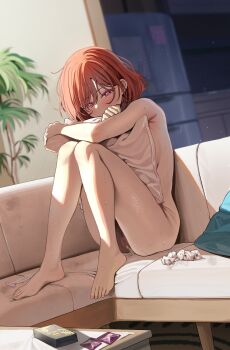 absurdres after_vaginal aftersex blush brown_hair censored condom condom_box condom_wrapper couch cum cum_in_pussy dutch_angle feet female_pubic_hair highres higuchi_madoka hugging_object idolmaster idolmaster_shiny_colors knees_to_chest light_particles living_room mole mole_under_eye mosaic_censoring nude on_couch pillow pillow_hug plant potted_plant pubic_hair purple_eyes pussy ramanda refrigerator short_hair sitting sweatdrop toes used_condom used_tissue