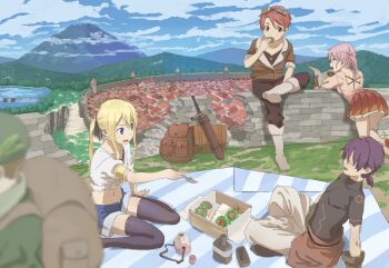 Rule 34 | 2boys, 2girls, arm support, ass, black pants, black shirt, black thighhighs, blonde hair, blue eyes, blue shirt, boots, bottle, box, brown jacket, commentary request, day, defensive wall, denim, denim shorts, forest, grey boots, hill, indian style, izumi (ko8), jacket, kneeling, long hair, looking at another, midriff, miniskirt, mountainous horizon, multiple boys, multiple girls, nature, navel, on ground, on wall, open mouth, original, outdoors, pants, picnic, pink hair, pink shirt, pleated skirt, ponytail, purple hair, reaching, reaching towards another, red hair, red skirt, shirt, short hair, short ponytail, short shorts, shorts, sidelocks, sitting, skirt, slice of life, thighhighs, three-quarter sleeves, tied shirt, town, very short hair, white shirt