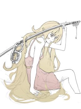 1girl absurdres arm_at_side arm_support aviator_goggles bandaid bandaid_on_breast bandaid_on_thigh bare_legs blonde_hair breasts camisole closed_mouth colored_skin cropped_legs expressionless fingernails fluffy_hair goggles hair_flaps hand_up highres holding holding_blade holding_sword holding_weapon invisible_chair katana kokorowatari lips long_hair looking_at_viewer monogatari_(series) nose oshino_shinobu over_shoulder pinky_out red_camisole sidelocks sitting slouching small_breasts solo sword unworn_goggles very_long_hair washingmach13 weapon weapon_over_shoulder white_skin yellow_eyes