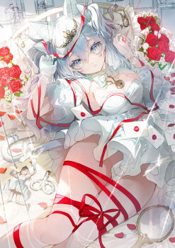 1girl absurdres animal_ear_fluff animal_ears bare_shoulders bell blue_eyes bow breasts cat_ears cat_girl cleavage commentary_request detached_sleeves dress feet_out_of_frame flower frilled_pillow frills gloves hair_between_eyes hands_up hat highres indoors key long_hair looking_at_viewer lying medium_breasts negimapurinn on_back original parted_lips petals pillow puffy_sleeves red_flower red_ribbon red_rose ribbon rose sensitive solo strapless strapless_dress tail white_dress white_flower white_gloves white_hair white_rose