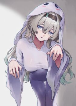 1girl black_hairband blue_eyes breasts commentary firefly_(honkai:_star_rail) ghost_costume ghost_pose gradient_hair green_hair grey_hair grey_pupils hair_between_eyes hairband hands_up hashtag-only_commentary highres honkai:_star_rail honkai_(series) large_breasts long_hair looking_at_viewer lucasafontes multicolored_hair open_mouth see-through_silhouette solo