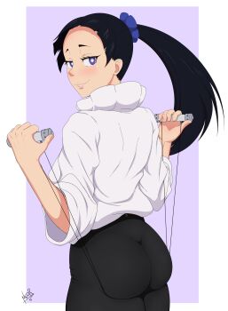 1girl absurdres ass ass_support black_hair black_pants blue_eyes blush en'en_no_shouboutai highres long_hair nic0-robin pants ponytail puppeteer_(enen_no_shouboutai) shirt smile solo string symbol-shaped_pupils tight_clothes tight_pants white_shirt