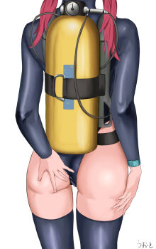 1girl alternate_costume artist_request ass ass_focus ass_grab deep_skin from_behind goddess_of_victory:_nikke highres long_hair mast_(mast_the_diver)_(nikke) mast_(nikke) official_alternate_costume red_hair scuba scuba_gear scuba_tank solo thick_thighs thighhighs thighs twintails
