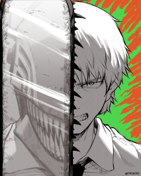 0bosobo 1boy absurdres alternate_form chainsaw_man clenched_teeth collared_shirt denji_(chainsaw_man) greyscale_with_colored_background highres looking_at_viewer male_focus necktie sharp_teeth shirt short_hair solo teeth