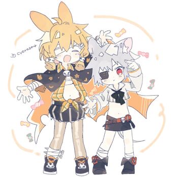 2girls ahoge animal_ear_fluff animal_ears arknights bandage_over_one_eye bandaged_arm bandaged_leg bandages belt black_bow black_bowtie black_capelet black_shoes black_skirt blonde_hair bone_print bow bowtie candy capelet click_(arknights) click_(grave_thief)_(arknights) crescent_print crop_top eyepatch food full_body grey_hair grey_pantyhose hair_ornament kroos_(arknights) kroos_(the_mag)_(arknights) long_sleeves mouse_tail multiple_girls naguru_(cyoroama) navel open_clothes open_mouth open_shirt orange_shirt pantyhose plaid_clothes plaid_shirt print_pantyhose rabbit_ears red_belt red_eyes shirt shoes short_twintails skirt skull_hair_ornament smile star_(symbol) striped_clothes striped_skirt tail tied_shirt twintails twitter_username white_shirt wrapped_candy