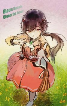 1girl ascot black_hair bloom_the_smile_bloom_the_dream! boots closed_mouth commentary_request dress full_body grass hair_ribbon highres jacket katsuragi_izumi long_sleeves looking_at_viewer love_live! love_live!_hasu_no_sora_jogakuin_school_idol_club low_ponytail medium_dress offering_hand open_clothes open_jacket orange_eyes orange_jacket outdoors pink_dress ponytail puffy_long_sleeves puffy_sleeves reaching reaching_towards_viewer ribbon smile solo song_name split_mouth standing virtual_youtuber white_ascot white_boots white_ribbon yulittlove