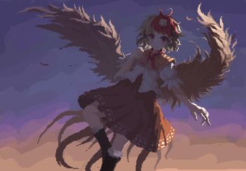 Rule 34 | 02charaice20, 1girl, absurdres, animal, animal on head, baby animal, bird, bird on head, bird wings, blonde hair, boots, brown boots, chick, closed mouth, commentary request, dress, highres, knee boots, looking at viewer, multicolored hair, niwatari kutaka, on head, orange dress, pixel art, puffy short sleeves, puffy sleeves, red eyes, red hair, short sleeves, smile, solo, touhou, two-tone hair, wings, yellow wings