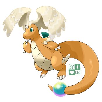 aqua_eyes artist_logo closed_mouth colored_skin dragon dragonite full_body gen_1_pokemon head_wings highres horns ivi_etz logo mega_dragonite mega_pokemon nintendo no_humans nostrils orange_skin outline pokemon pokemon_(creature) pokemon_focus pokemon_legends:_z-a simple_background single_horn smile solo tail white_background wings