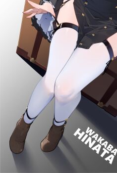 1girl black_dress blue_archive boots brown_boots character_name chinese_commentary commentary_request dress highres hinata_(blue_archive) lower_body painterliuhao sitting solo thighhighs white_thighhighs