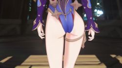 1girl 3d animated ass ass_focus ass_shake blue_hair close-up female_focus from_behind genshin_impact head_out_of_frame highres leotard long_hair lower_body mona_(genshin_impact) nagoonimation solo sound thigh_gap thighs treasure_chest twintails video walking