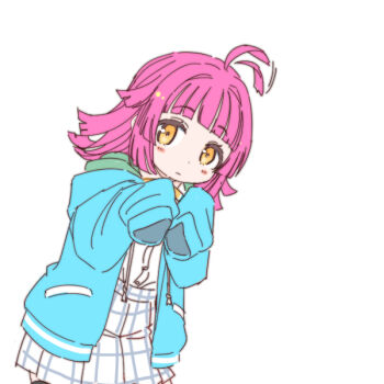 Rule 34 | 1girl, ahoge, ahoge wag, blue jacket, blunt bangs, blush, blush stickers, collared shirt, commentary request, cowboy shot, expressionless, expressive hair, hood, hood down, hooded jacket, jacket, kishimen hair, light frown, long sleeves, looking at viewer, love live!, love live! nijigasaki high school idol club, medium hair, miniskirt, neck ribbon, nijigasaki school uniform, open clothes, open jacket, pleated skirt, ribbon, school uniform, shinanoya (satanicad), shirt, simple background, skirt, sleeves past wrists, solo, tennoji rina, white background, white shirt, white skirt, winter uniform, yellow eyes, yellow ribbon