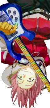 Rule 34 | 1girl, electric guitar, flcl, gloves, goggles, guitar, haruhara haruko, highres, instrument, navel, pink hair, pink punk ponk, plectrum, short hair, simple background, solo, upside-down, white background, yellow gloves