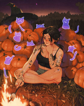 1girl arm_tattoo barefoot black_camisole black_hair black_hat black_nails blue_shorts breasts camisole campfire cat cleavage closed_mouth crescent_moon earrings facial_tattoo forest ghost grass hand_on_own_chin hat highres holding holding_stick indian_style jewelry leg_tattoo long_hair looking_to_the_side moon nature night night_sky on_ground original ponytail pumpkin roasted_marshmallow shorts simz sitting sky solo star_(sky) stick tattoo unworn_hat unworn_headwear witch_hat
