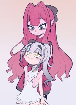 2girls baobhan_sith_(chaldea_satellite_station)_(fate) baobhan_sith_(fate) blush commentary_request dress fate/grand_order fate_(series) grey_eyes hair_ribbon highres ichigo_berry melusine_(fate) multiple_girls pink_hair pointy_ears red_dress ribbon sidelocks smile white_dress yellow_eyes yuri