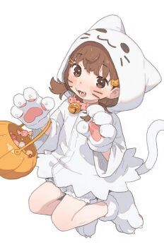 1girl animal_hands bell belt_collar bloomers brown_eyes brown_hair cat_hair_ornament cat_tail child collar commentary_request facial_mark fang ghost_costume gloves hair_ornament hairclip halloween halloween_bucket halloween_costume highres hood hood_up jingle_bell looking_at_viewer neck_bell open_mouth original parallel_hairclips paw_gloves paw_shoes pink_collar possummachine simple_background solo tail underwear whisker_markings white_background white_bloomers