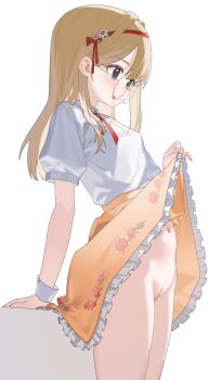 1girl absurdres artist_request blonde_hair blue_eyes cleft_of_venus clothes_lift commentary_request commission cowboy_shot cross_tie expressionless eyewear_strap floral_print flower frilled_skirt frills from_side glasses hair_flower hair_ornament hairband highres korean_commentary lifting_own_clothes long_hair navel no_panties original puffy_short_sleeves puffy_sleeves pussy red_cross_tie red_hairband round_eyewear second-party_source shai_(black_desert) shirt shirt_tucked_in short_sleeves simple_background skirt skirt_lift solo uncensored white_background white_shirt white_wrist_cuffs wrist_cuffs yellow-framed_eyewear yellow_skirt yunjuice