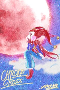 1girl anniversary chrono_cross colored_skin commentary_request copyright_name full_body full_moon gloves harle_(chrono_cross) highres jester megu1214 moon night night_sky on_cloud red_gloves red_moon red_shoes shoes sitting sky solo translation_request white_skin