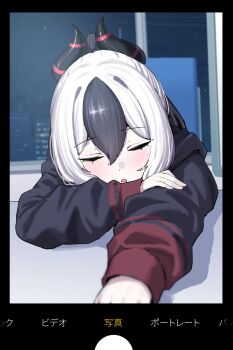 1girl black_hair black_hoodie black_horns blue_archive closed_eyes commentary_request desk highres hood hoodie horns kayoko_(blue_archive) missing_halo multicolored_hair nichijou_(nichijoutouhou) night on_desk open_mouth ponytail shadow sidelocks sitting sleeping solo two-tone_hair urban user_interface white_hair