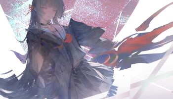 1girl absurdres arm_cutout black_choker black_hair black_jacket black_serafuku black_shirt black_skirt chisa_(wuthering_waves) choker closed_mouth clothing_cutout hair_ribbon highres jacket long_hair long_sleeves looking_at_viewer mooofoo neckerchief red_neckerchief red_ribbon ribbon sailor_collar school_uniform serafuku shirt skirt solo sword weapon white_sailor_collar wuthering_waves