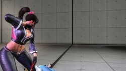 2girls 3d animated ass black_jacket black_pants brown_eyes brown_hair capcom chun-li cropped_jacket dancing fatal_fury fatal_fury:_city_of_the_wolves female_focus game_screenshot hand_fan highres holding holding_fan jacket leather leather_jacket leather_pants matching_hair/eyes midriff multiple_girls navel pants shiranui_mai smile snk solo_focus street_fighter street_fighter_6 video