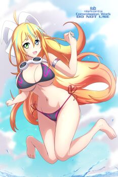1girl absurdres ahoge axasempai bikini black_bikini blaster_master_zero blaster_master_zero_3 blonde_hair blue_eyes blue_hair breasts commission eve_(blaster_master_zero) full_body goggles goggles_around_neck green_eyes hair_ribbon heterochromia highres large_breasts long_hair midair multicolored_hair ribbon side-tie_bikini_bottom solo streaked_hair swimsuit two-tone_hair water white_ribbon