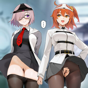 ... 2girls ahoge bar_censor black_panties black_pantyhose blurry blurry_background blush bow bow_panties breasts censored chaldea_uniform clothes_pull fate/grand_order fate_(series) fujimaru_ritsuka_(female) glasses hair_ornament hair_over_one_eye highres jacket looking_at_another mash_kyrielight multiple_girls necktie object_on_head one_side_up orange_eyes orange_hair panties panties_on_head pantyhose pantyhose_pull public_indecency public_nudity purple_eyes purple_hair pussy red_necktie rlity scrunchie short_hair smile speech_bubble spoken_ellipsis time_stop torn_clothes torn_pantyhose underwear white_jacket white_panties yellow_scrunchie