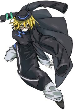 Rule 34 | 1girl, black coat, black dress, black gloves, black hat, black shoes, blonde hair, breasts, brown-tinted eyewear, china dress, chinese clothes, cinq association east uniform, coat, coat on shoulders, don quixote (project moon), dress, earrings, full body, gaipbqtnd335876, glasses, gloves, hat, highres, jade bracelet, jewelry, limbus company, long sleeves, looking at viewer, ofuda earrings, opaque glasses, pants, partially opaque glasses, partially opaque sunglasses, project moon, round eyewear, shoes, short hair, simple background, single earring, single glove, solo, standing, tilted headwear, tinted eyewear, white background, white pants, yellow eyes