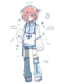 Rule 34 | 1boy, absurdres, bandaid, bandaid on knee, bandaid on leg, blue jacket, blue leg warmers, blue shorts, collared jacket, commentary, hair over one eye, hand up, highres, jacket, jibaku shounen hanako-kun, leg warmers, maid headdress, mitsuba sousuke, pink eyes, pink hair, shoes, short twintails, shorts, sleeves past fingers, sleeves past wrists, solo, standing, syringe, tears, tenshi kaiwai, twintails, untranslatable commentary, white shoes, white sleeves, xianen16437