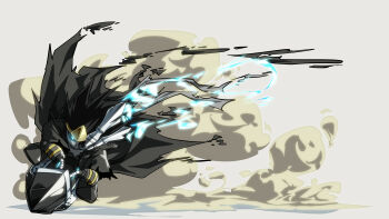 Rule 34 | absurdres, baasaku (balasaku24), black hair, black jacket, blue eyes, blue fire, commentary request, dust, exhaust pipe, fire, full body, glowing, glowing eye, grey background, highres, jacket, kirby (series), kirby air ride, kirby air riders, nintendo, noir dedede, simple background, torn clothes, torn jacket, wheelie (kirby)