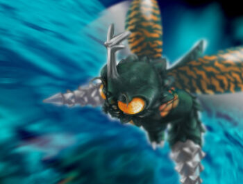 1other antennae beetle bug commentary compound_eyes drill drill_hand flying giant giant_insect giant_monster godzilla_(series) godzilla_vs._megalon_(1973) horns insect insect_wings kaiju longpain mandibles megalon motion_blur no_humans no_pupils single_horn solo tail toho tokusatsu wings yellow_eyes