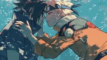 2boys absurdres air_bubble black_headband black_shirt blue_eyes bubble closed_mouth facial_mark half-closed_eyes hand_on_another&#039;s_cheek hand_on_another&#039;s_face hand_on_another&#039;s_shoulder haruiro_(hrm_ino) headband highres imminent_kiss jacket konohagakure_symbol male_focus multiple_boys naruto_(classic) naruto_(series) orange_jacket parted_lips shirt uchiha_sasuke underwater upper_body uzumaki_naruto whisker_markings yaoi