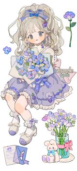 1girl absurdres ankle_garter artist_name blonde_hair blue_bow blue_bowtie blue_eyes blue_flower blue_skirt blush_stickers bouquet bow bowtie buttons child chinese_commentary closed_mouth commentary_request earrings envelope eyelashes floating_earrings flower flower_earrings food_print footwear_bow frilled_bow frilled_jacket frills frown fruit_print full_body grape_print hair_bow hair_ornament hairclip heart heart_hair_ornament high_heels high_ponytail highres holding holding_bouquet jacket jewelry lace lace-trimmed_skirt lace_trim letter long_hair looking_at_viewer miniskirt multiple_hair_bows original pink_bow ponytail puffy_sleeves pumps purple_theme putong_xiao_gou red_lips ribbon-trimmed_jacket sample_watermark see-through_clothes shirt simple_background skirt socks solo stuffed_animal stuffed_rabbit stuffed_toy turtleneck vase watermark white_background white_bow white_footwear white_jacket white_shirt white_socks