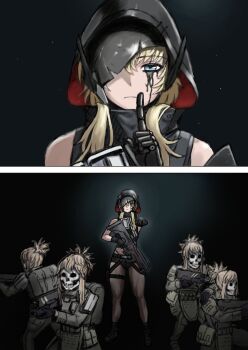 1girl ammunition_pouch armor backpack bag belt black_gloves blonde_hair blue_eyes broken_mask cliff_unger closed_mouth death_stranding gloves goddess_of_victory:_nikke grave_(nikke) gun highres hood hood_up index_finger_raised leaking long_hair mask metal_gloves midriff nonotumori pouch product_23_(nikke) scene_reference sidelocks skeleton weapon