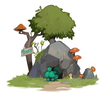 1boy artist_name ass cave character_name colored_skin from_behind green_skin huge_ass monster_boy mushroom original rabbit_tail rock simple_background slime_boy tail toxxy tree white_background