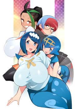 4girls :d abarai_(abarabone) absurdres alternate_body_size alternate_breast_size_(larger) back-to-back bare_shoulders black_hair black_hoodie black_pantyhose blue_hair blue_pants blue_shirt border breasts bright_pupils commentary_request freckles green_hair grey_eyes grin highres hood hood_down hoodie huge_breasts lana's_mother_(pokemon) lana_(pokemon) leaning_forward legs_together light_blush light_frown long_hair looking_at_viewer mother_and_daughter multicolored_hair multiple_girls necktie nemona_(pokemon) nintendo no_sclera open_mouth orange_eyes orange_necktie pants pantyhose penny_(pokemon) pokemon pokemon_sm pokemon_sv red_hair shirt short_hair short_sleeves sitting sleeveless sleeveless_shirt smile sparkle straight_hair streaked_hair two-tone_hair v-shaped_eyebrows white_border white_pupils