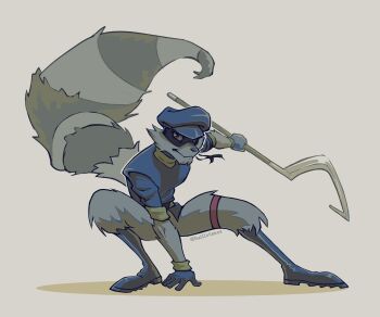 1boy absurdres animal_ears artist_name black_fur blue_gloves blue_hat blue_shirt blue_shoes boots commentary english_commentary furry furry_male gloves grey_fur guillotamaa hat highres holding holding_weapon looking_at_viewer male_focus masked raccoon_boy raccoon_ears raccoon_tail shirt shoes sly_cooper sly_cooper_(series) tail twitter_username weapon