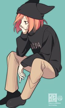 Rule 34 | 1boy, absurdres, animal hat, black eyes, black sweater, blue background, cat hat, facial mark, hat, highres, invisible chair, looking to the side, male focus, nyen (randal&#039;s friends), otori 0, pink hair, randal&#039;s friends, short hair, simple background, sitting, sweater, whisker markings