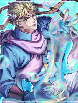 1boy battle_tendency blonde_hair blue_coat blue_gloves bubble caesar_anthonio_zeppeli coat collared_coat commentary facial_mark fingerless_gloves floating_headgear gloves green_eyes headgear highres inset_border jojo_no_kimyou_na_bouken looking_at_viewer male_focus pants parted_lips pink_scarf pur_ple02imo scarf short_hair smile solo symbol-only_commentary white_pants